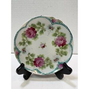 Hand Painted Saucer Plate Roses Gold Green Victorian Cottagecore Boho 5”